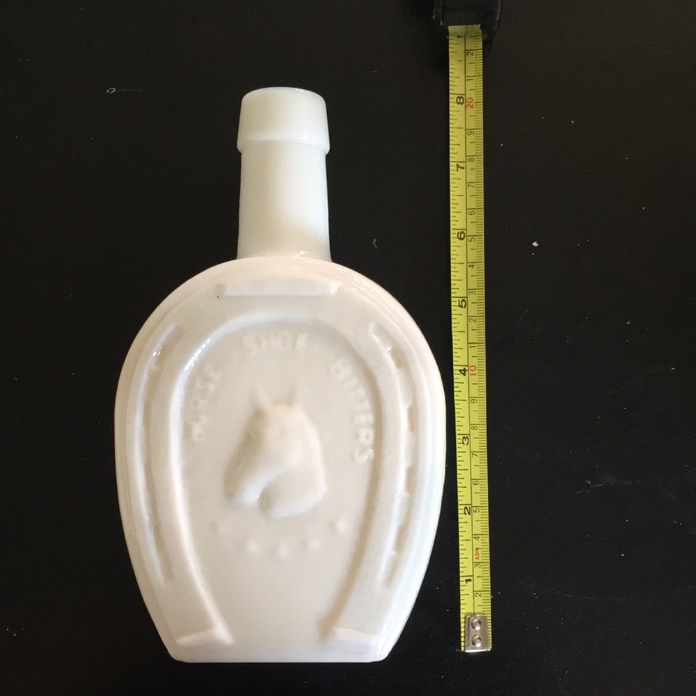 Vintage milk glass bottle Horse Shoe Medicine Horse Shoe Bitters